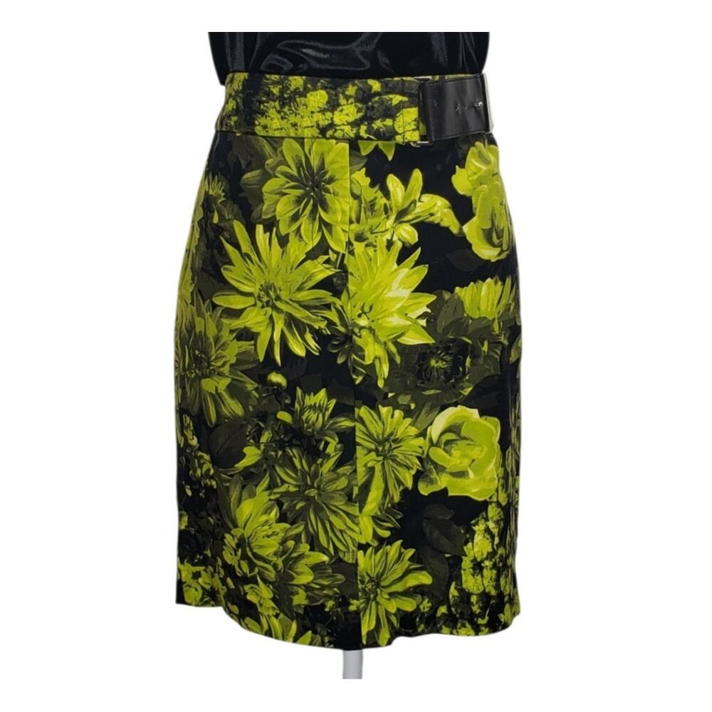 Y2K Michael Kors Black Floral Pencil Skirt Size 8 Lime Green Bold Workwear